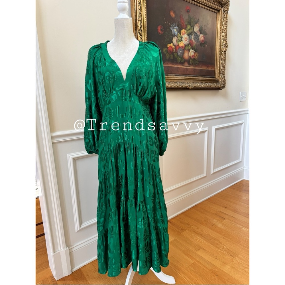 ANTHROPOLOGIE Farm Rio Green Floral Jacquard V-Neck Maxi Dress Petite MP NWT - Picture 16 of 17